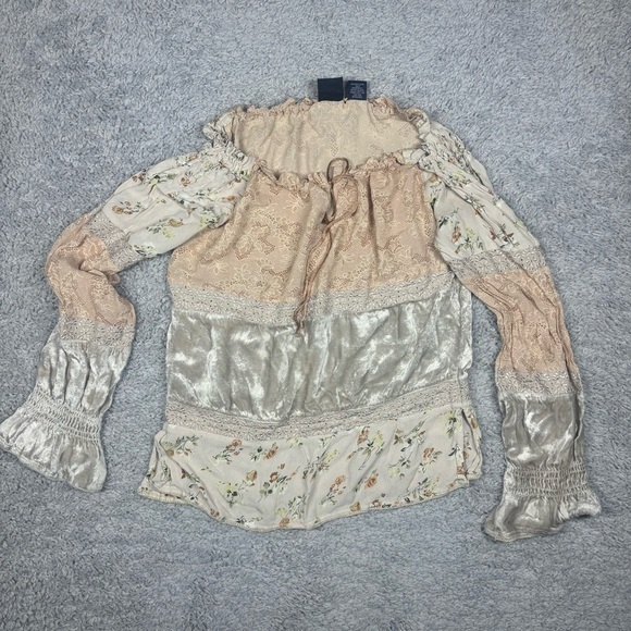 Cottagecore Top Womens Small Corduroy Bell Sleeves Y2K Lace Floral BOHO Blouse - Picture 1 of 5
